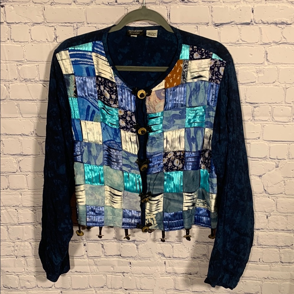 Nativewear Designs Womens VTG Patchwork Long Sleeve Top Blue Size L Hippie Boho